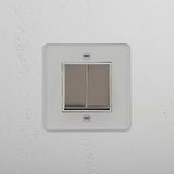 Schnittiger Doppelfunktions-Wippschalter – Durchsichtig + Poliertes Nickel + Weiss – zuverlässiges Lichtmanagement – auf weissem Hintergrund