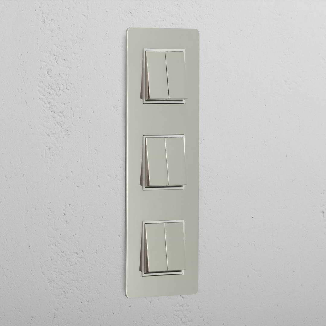 Hohe Kapazität – vertikaler Lichtschalter: Dreifacher vertikaler Wippschalter mit sechs Wippen – Poliertes Nickel + Weiss
