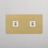 Zweifaches USB-Modul – Antikes Messing + Weiß – 2 Anschlüsse – auf weißem Hintergrund
