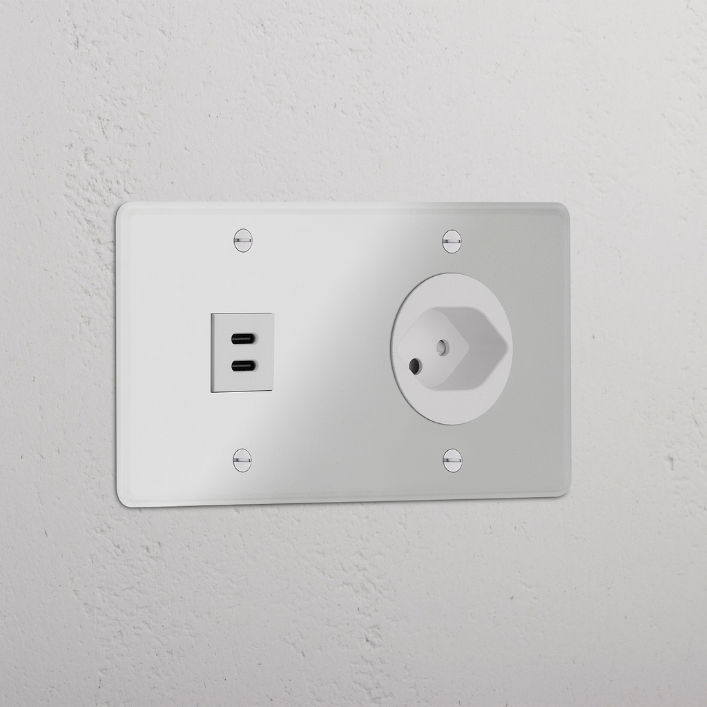 USB-C-Anschluss (30 W) + Schweizer Steckdoseneinsatz (Typ J) rund je 1x in Zweifachrahmen – Durchsichtig + Weiss