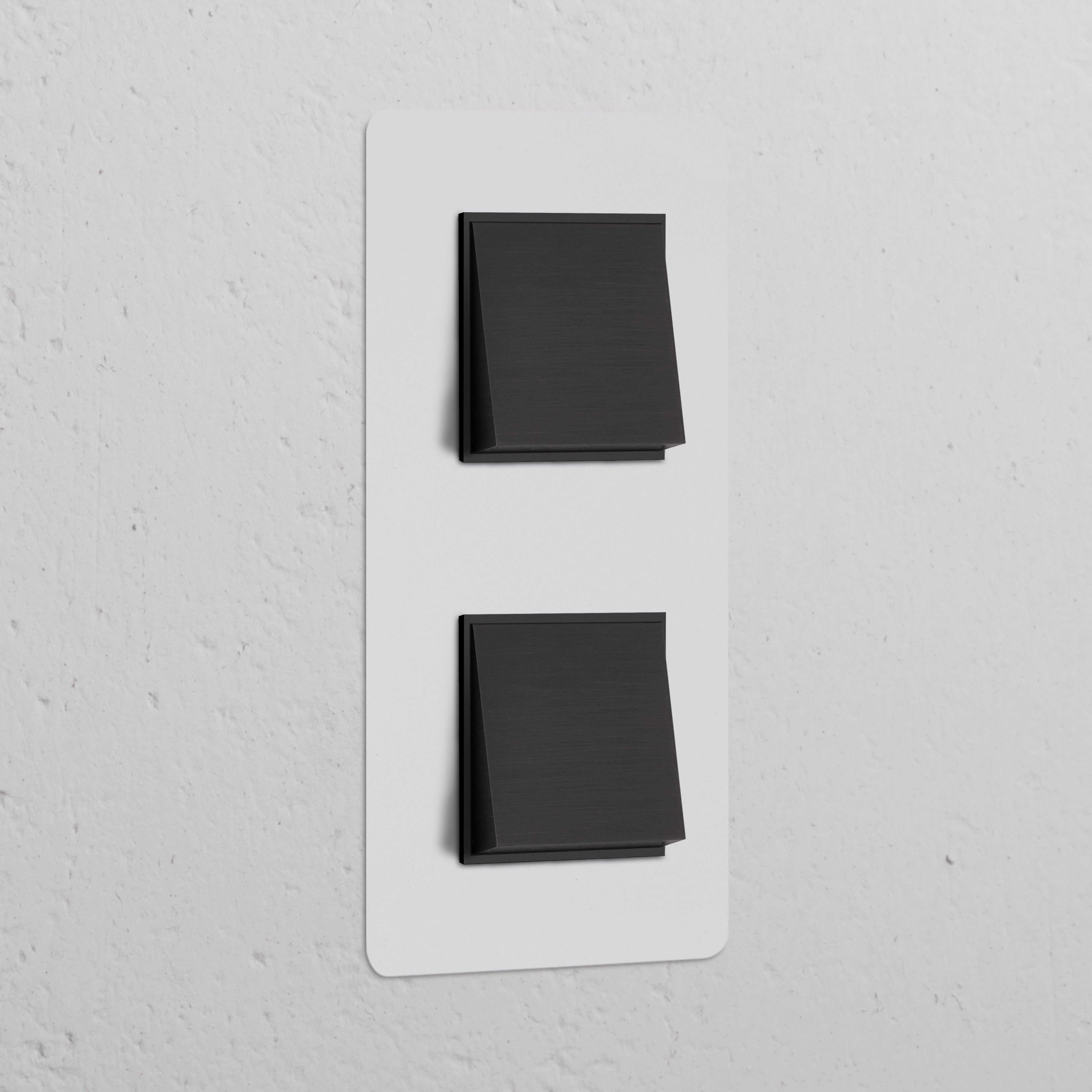 Vertikaler Zweifachrahmen mit 2x Wippschalter, lackierbar in Bronze und Schwarz, montiert an einer weißen Wand.