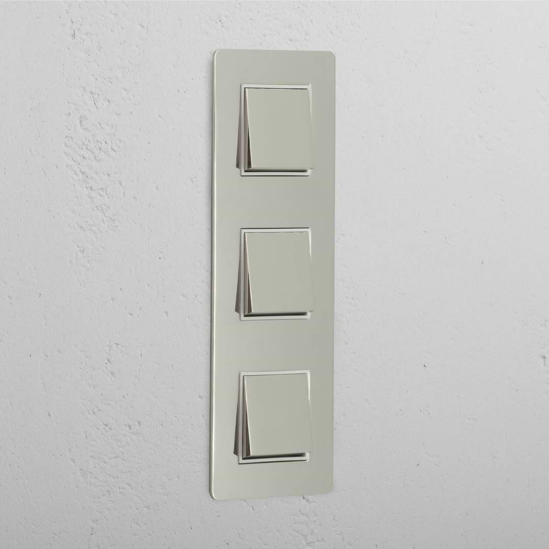 Vertikaler Lichtschalter mit hoher Kapazität: Dreifacher vertikaler Wippschalter mit drei Wippen – Poliertes Nickel + Weiss