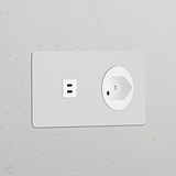 Zweifachrahmen mit USB-Anschluss (30 W) + Schweizer Steckdoseneinsatz (Typ J) rund – Lackierbar + Weiss