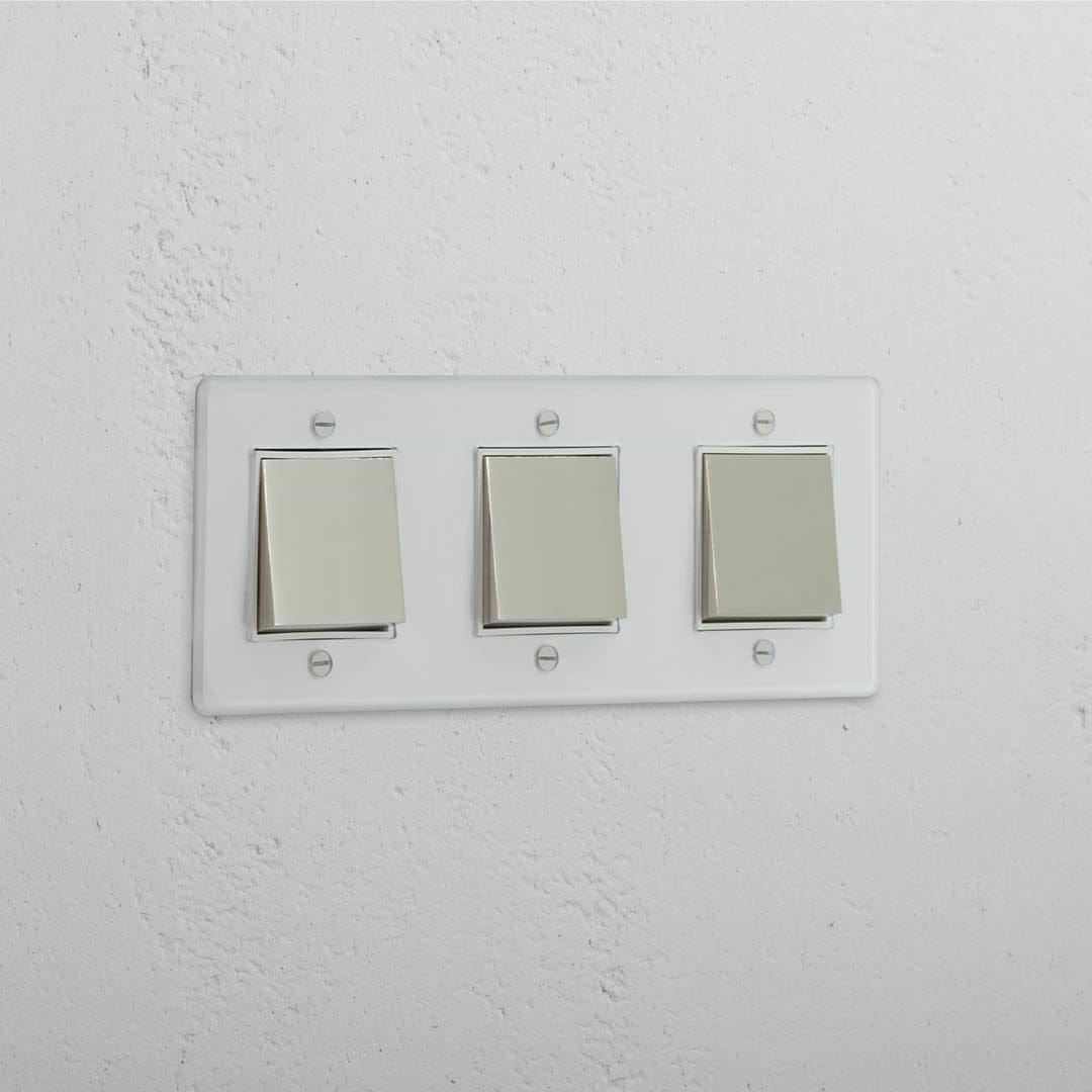 Wippschalter mit Dreifachfunktion – Poliertes Nickel + Weiss + Transparent – Beleuchtungszubehör mit mehreren Bedienelementen