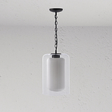 Minimalistisches „Nan“ mit klarem Glasschirm, der an einer schwarzen Kette hängt.