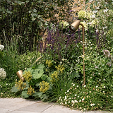 Ealing Wegestrahler – Antikes Messing-Außenlicht zur Beleuchtung einer Gartenterrasse mit Pflanzen und Blumen.