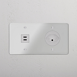 USB-C-Anschluss (30 W) + Schweizer Steckdoseneinsatz (Typ J) rund je 1x in Zweifachrahmen – Durchsichtig + Weiss