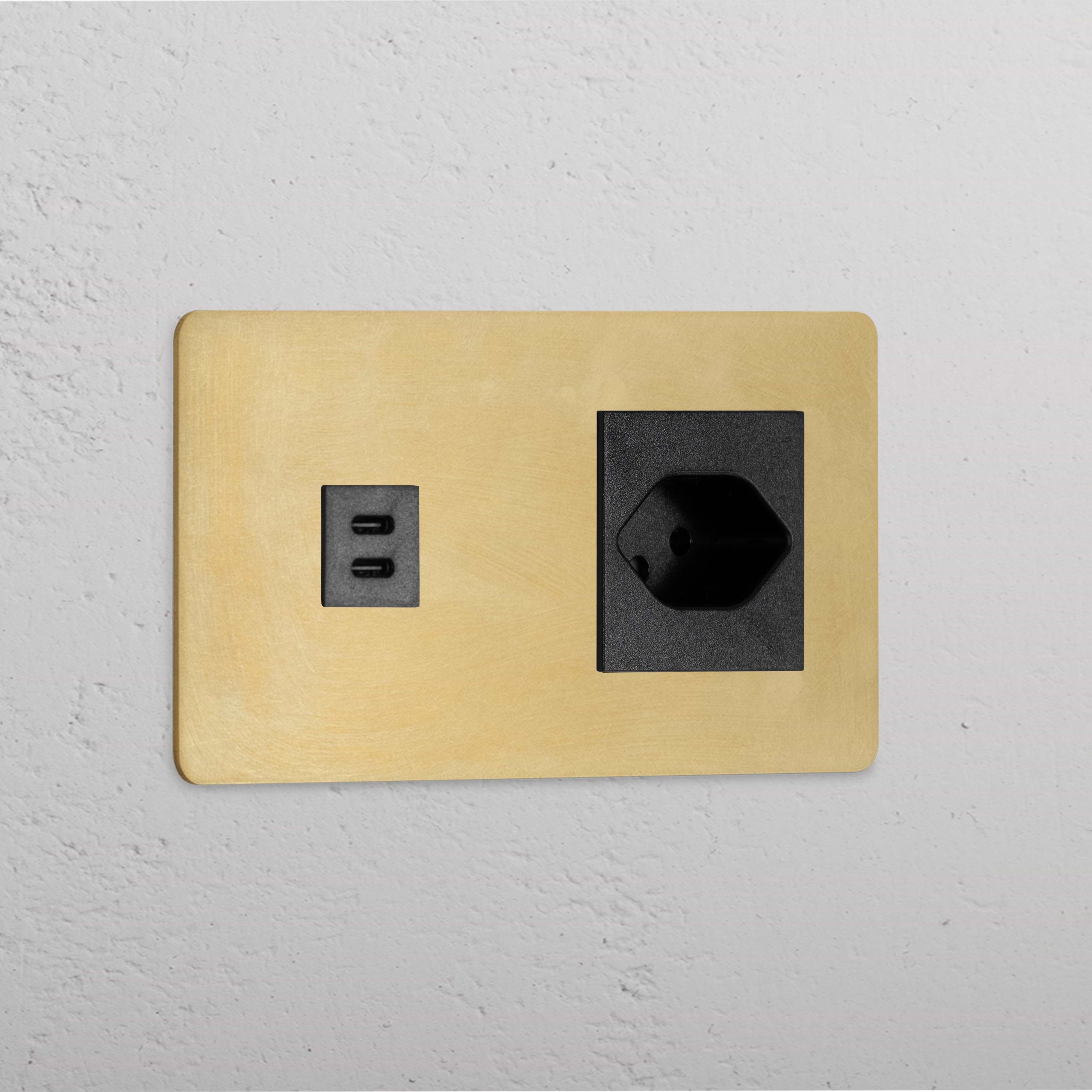 USB-C-Anschluss (30 W) + Schweizer Steckdoseneinsatz (Typ J) je 1x in Zweifachrahmen – Antikes Messing + Schwarz