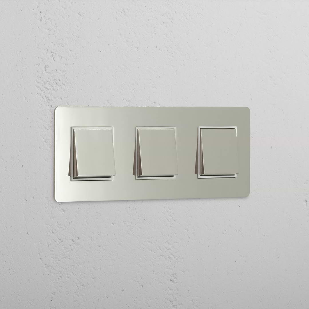 Lichtschalter mit hoher Kapazität: Dreifacher Wippschalter mit drei Wippen – Poliertes Nickel + Weiss