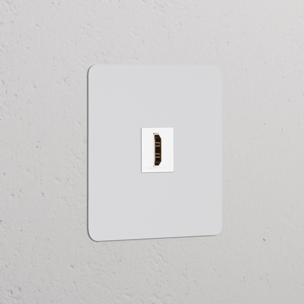 Einfachrahmen mit HDMI-Anschluss, lackierbar und weiß, inklusive Steckdosen und Modul für saubere Integration.