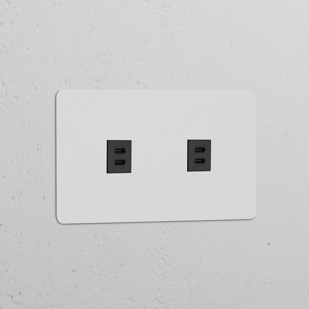 Weißer Zweifachrahmen mit 2x USB-Anschluss (30 W), lackierfähig und schwarz, für effiziente Lade- und Stromverbindungen.