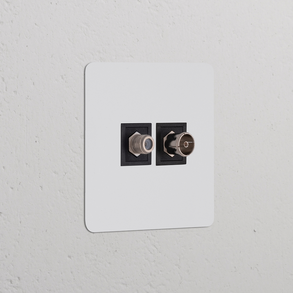 Einfachrahmen mit TV & Satelliten-Modul, lackierbar + schwarz, Wandmontage mit Steckdosen und Modulen auf einer weißen Fläche.
