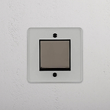 Bedienerfreundlicher Taster – Schalter mit einer Wippe – Transparent + Poliertes Nickel + Schwarz – moderne Lichtlösung – auf weissem Hintergrund