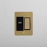 Antique Brass Black 1G Two Way Rocker + USB A+C Slimline Switch on white wall.