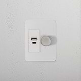 Slimline switch with 1G two-way dimmer, USB-A and USB-C ports, paintable polished nickel white finish.