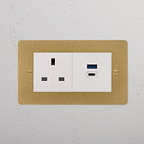 13A Socket + USB A+C Fast Charge - Antique Brass White