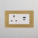 Antique brass white 13A socket with USB A+C fast charge ports. Ideal for efficient power and device charging.