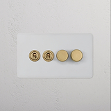 4G Mixed Switch 2T2D with two toggles, two dimmer knobs, in paintable antique brass finish for a classic look.