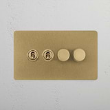 Antique brass 4G Mixed Switch 2T2D with two toggles and two dimmers on a white wall.