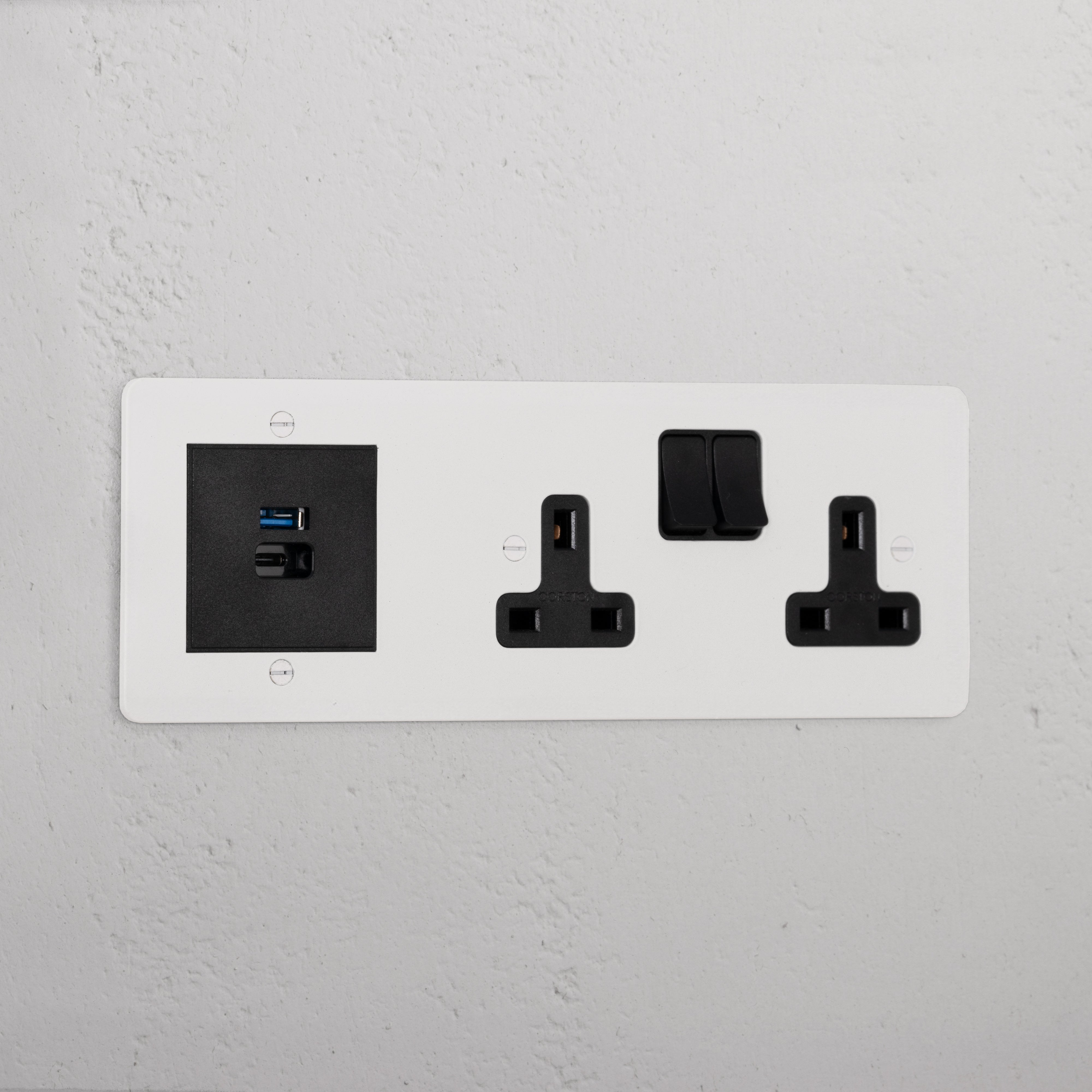Double Socket + USB A+C Fast Charge - Paintable Black