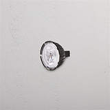 Leopold 7W 50mm 24V LED MR16 24° GU10 bulb with clear lens and black base, shown mounted on a wall.