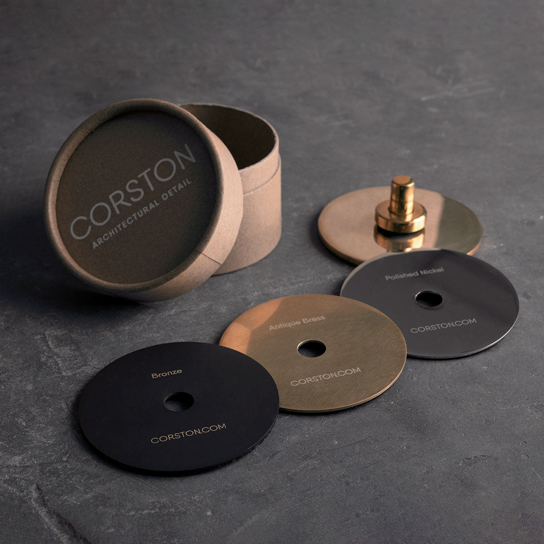 Sample Finish Set with Bronze, Antique Brass, and Polished Nickel samples in a Corston box.