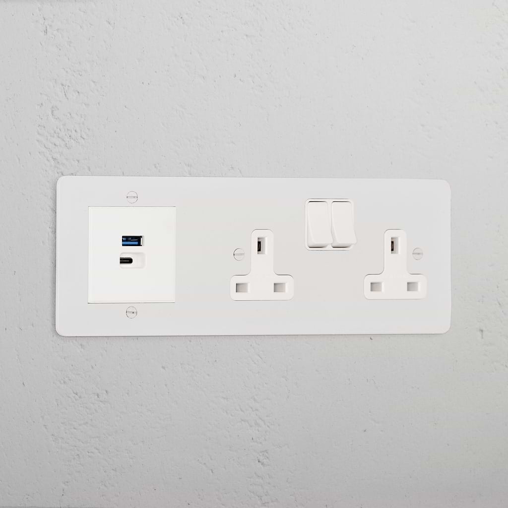 Double Socket + USB A+C Fast Charge – Paintable White