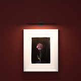 A purple flower painting in a white frame hangs on a red wall, lit by a bronze Taylor Picture Light.