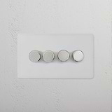 4G Dimmer Switch in paintable polished nickel finish on a white textured wall, featuring four round dimmer controls.