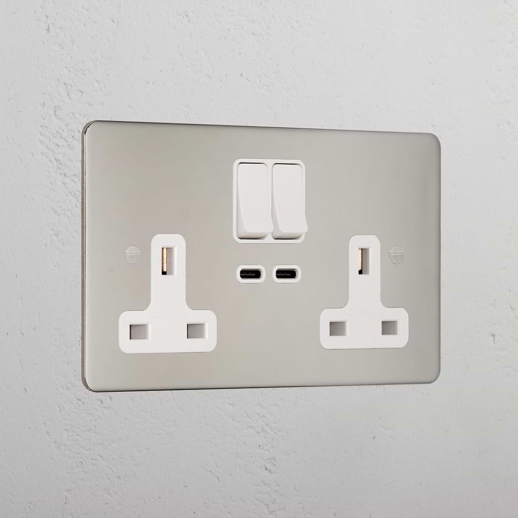 Luxury Polished Nickel Double Socket With Usb-C Fast Charge White