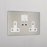 Luxury Polished Nickel Double Socket With Usb-C Fast Charge White
