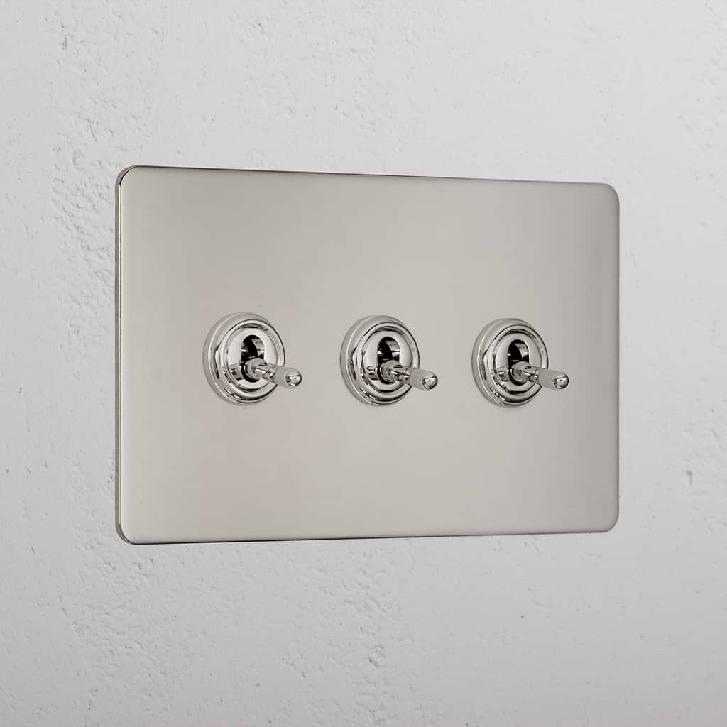 Designer Polished Nickel 3 Gang 2 Way Toggle Light Switch