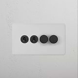 4G Mixed Switch 2T2D in paintable bronze finish with two black dimmer knobs on a white wall.