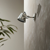 Cambridge Wall Floodlight in polished nickel mounted on a beige outdoor wall with green leaves nearby.