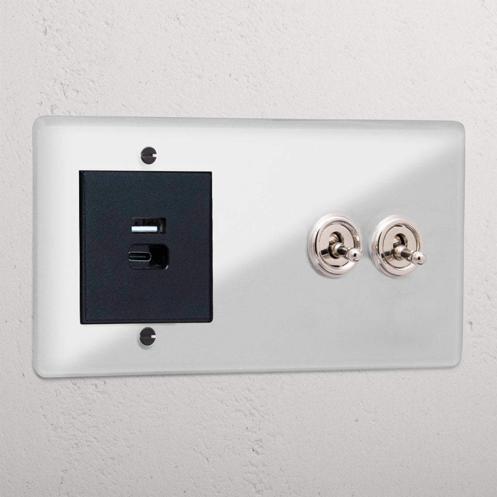 Clear polished nickel black switch plate with 2G toggle switch and USB A+C fast charge ports.