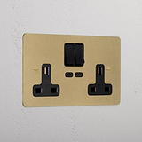Designer Antique Brass Double Socket With Usb-C Fast Charge Black