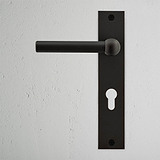 Bronze Harper Long Plate Sprung Door Handle with Euro Lock on a white wall.