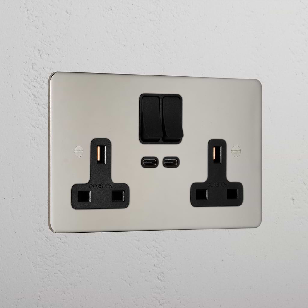 Designer Polished Nickel Double Socket With Usb-C Fast Charge Socket Black