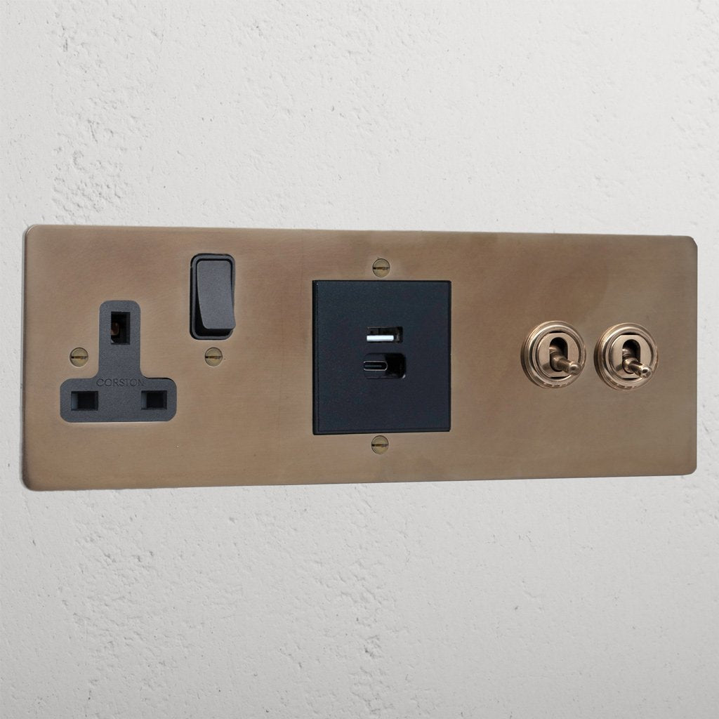 2G Toggle + USB A+C Fast Charge + Single Socket - Antique Brass Black