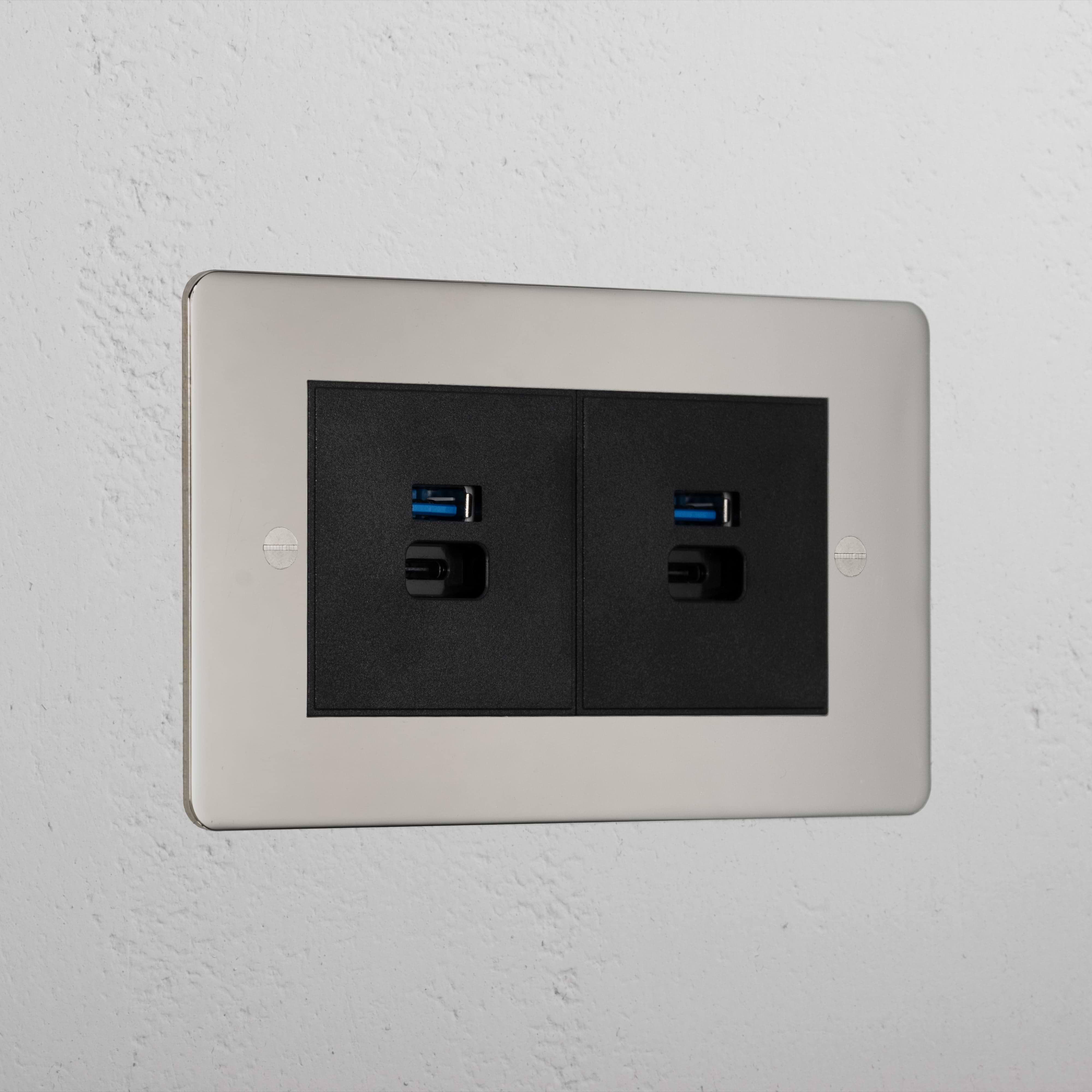 Luxury Polished Nickel 2x Usb A+C Fast Charge Socket Black