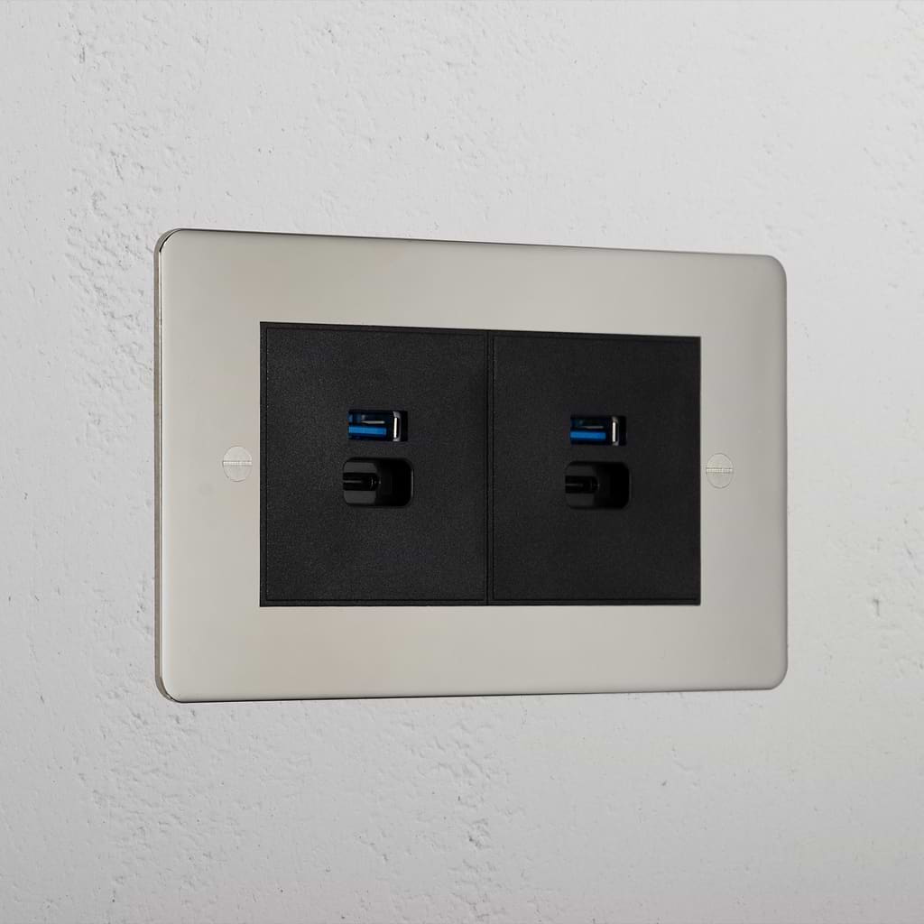 Luxury Polished Nickel 2x Usb A+C Fast Charge Socket Black