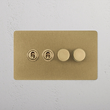 Antique brass 4G Mixed Switch 2T2D with two toggles and two dimmers on a white wall.