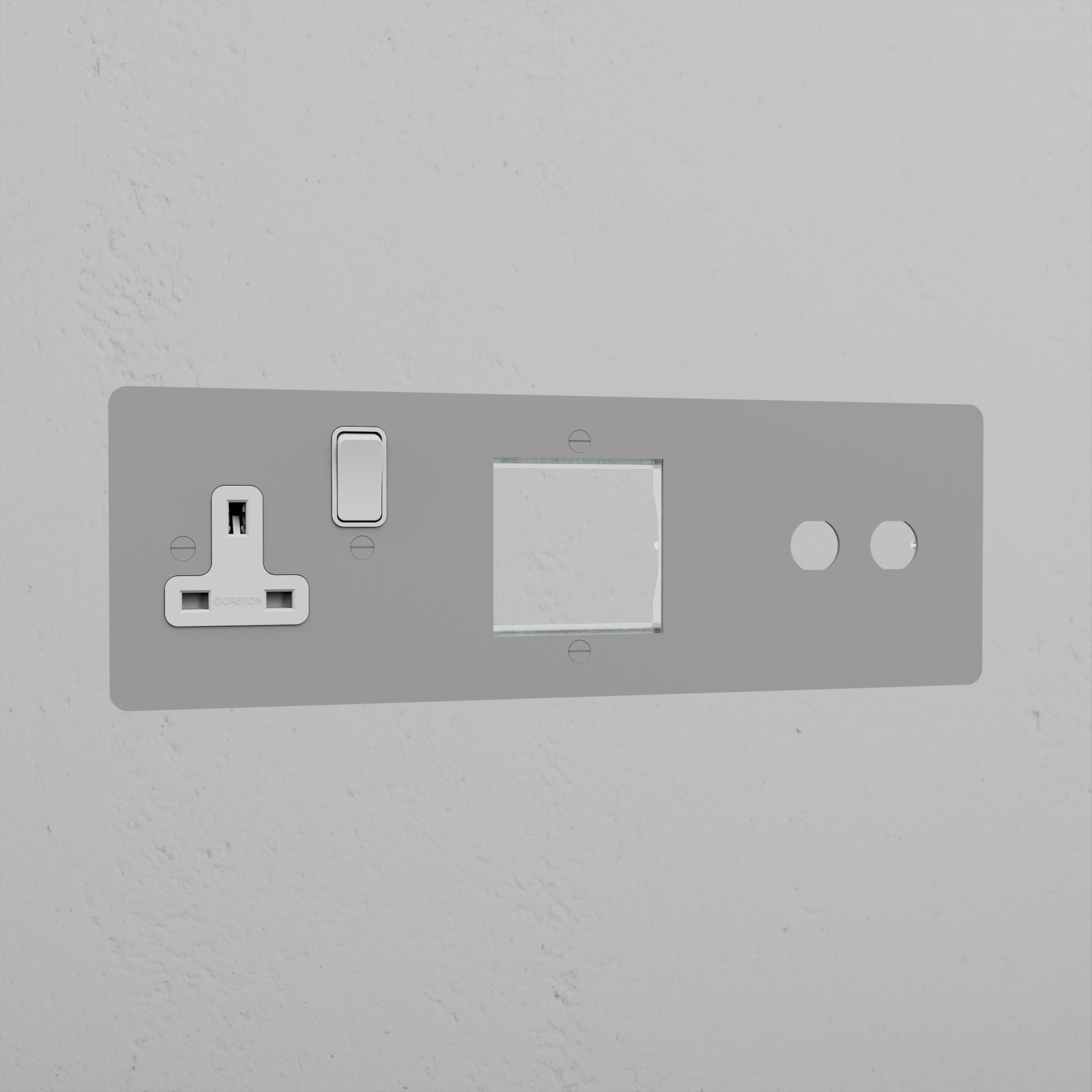 Single Socket UK & 1G 50mm Module & 2G Switch Plate _ Paintable White