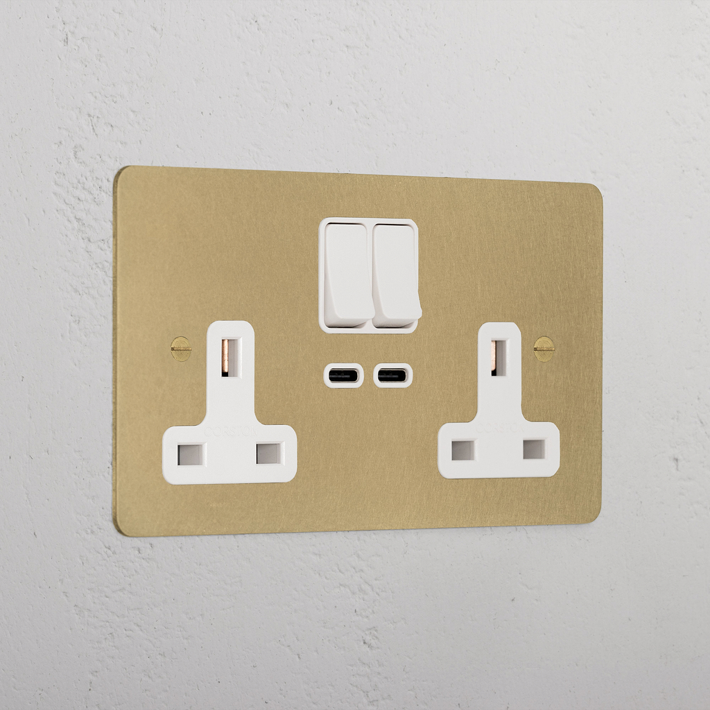 Elegant Antique Brass Double Socket With Usb-C Fast Charge White