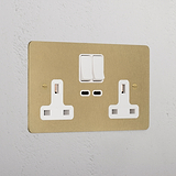 Elegant Antique Brass Double Socket With Usb-C Fast Charge White