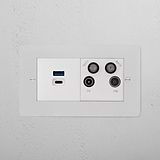 Paintable white 2G wall socket with USB A+C fast charge and TV aerial socket.