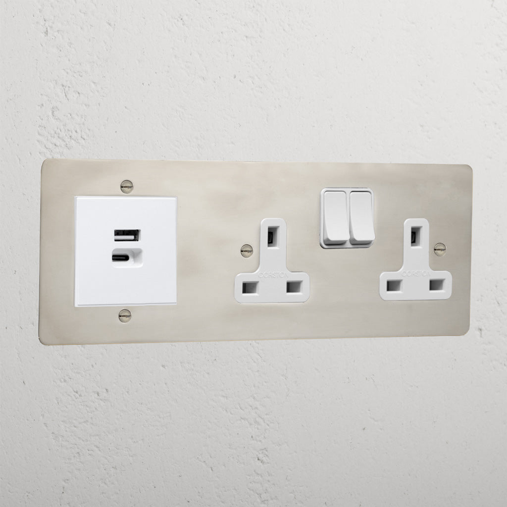 Elegant Polished Nickel Double Socket And Usb A+C Fast Charge White