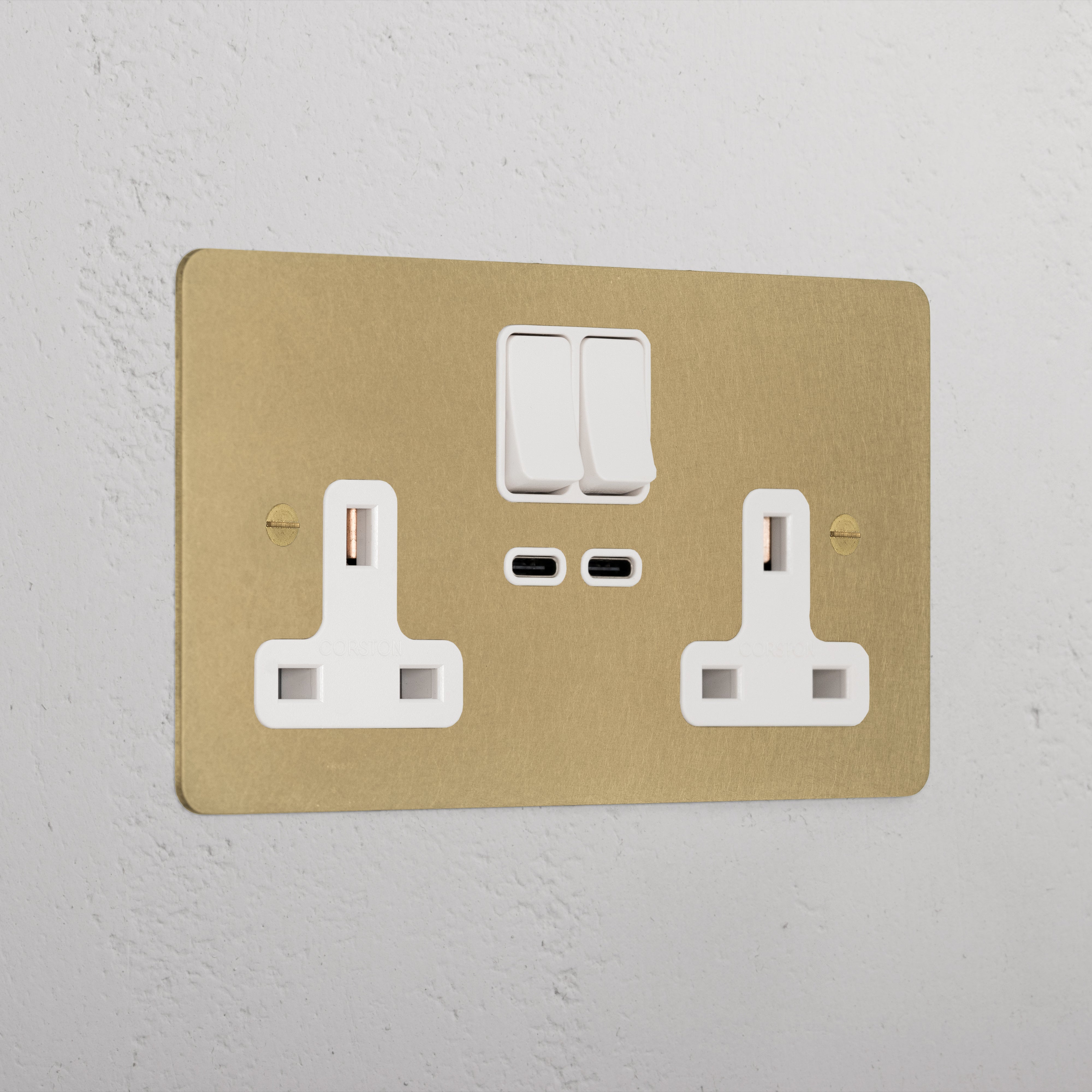 Elegant Antique Brass Double Socket With Usb-C Fast Charge White