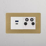 Antique Brass White wall plate with USB A+C Fast Charge and TV Aerial Socket for 2G Sockets & Modules.