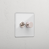 Premium Clear Polished Nickel 2 Gang Mixed Light Switch